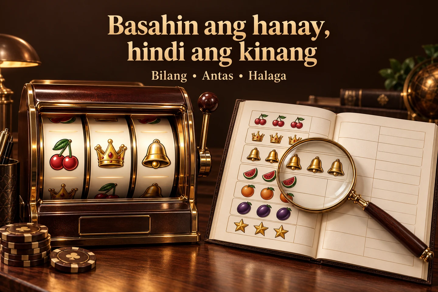 Kathang brown at gold slot cabinet, cherry at crown symbols, at paytable booklet para sa pagbasa ng count at value.