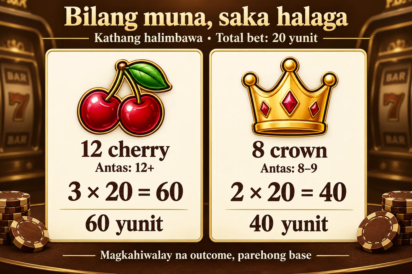 Dalawang hiwalay na kathang outcome: 12 cherry sa 3× at base 20 ay 60; 8 crown sa 2× at base 20 ay 40.