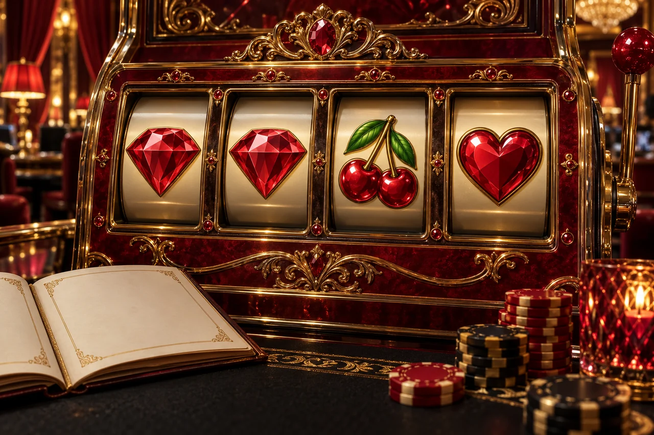 Four detailed crimson slot positions show two Ruby gems, one paired-cherry icon and one Heart icon.