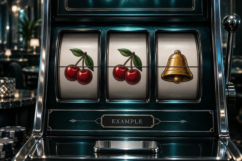 A demonstration three-reel slot cabinet with fruit symbols and an EXAMPLE label.