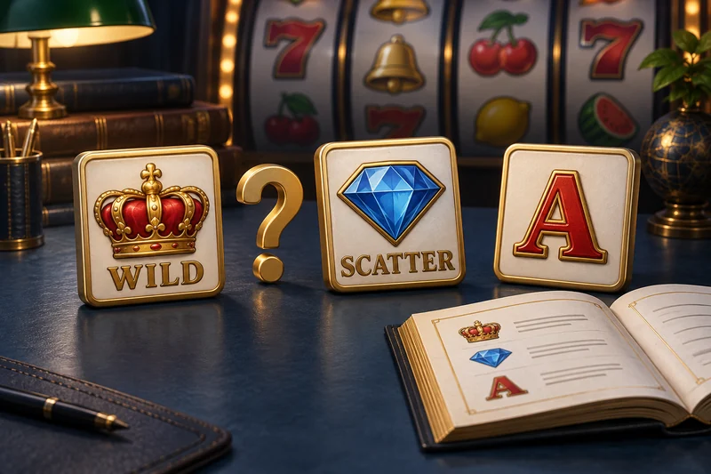 Wild, Scatter and ordinary symbol tiles beside a rulebook.