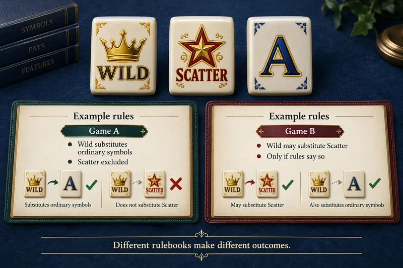 Two fictional rule cards contrast Scatter exclusion with expressly permitted substitution.